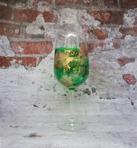 "GREEN & GOLD "  Resin & Ink coated Wine Glass